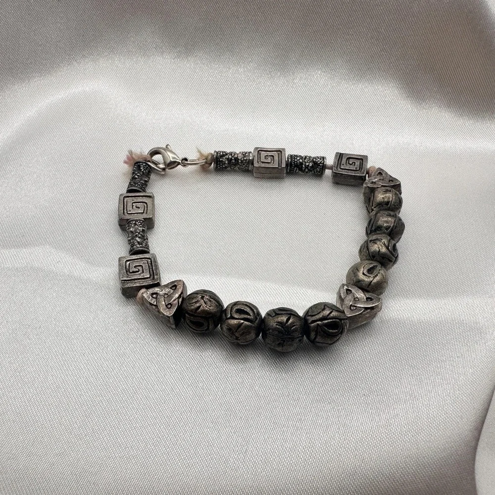 Vintage 80s Silver Tone Celtic Knot‎ Runes Beaded Bracelet Statement Y2K Jewelry